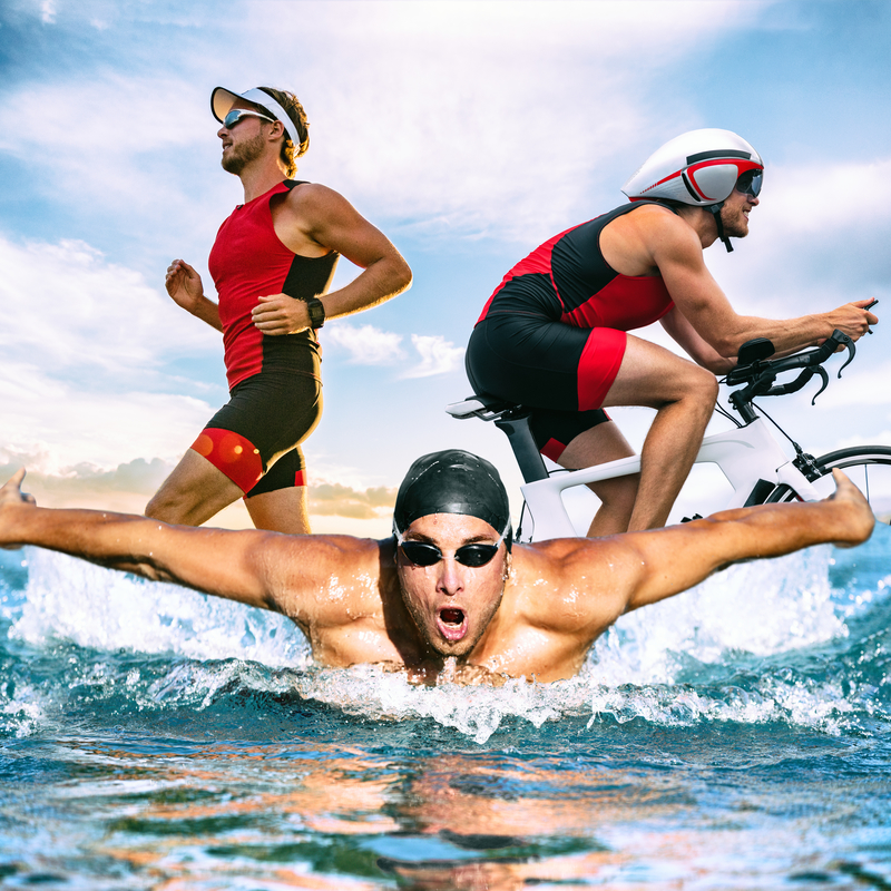 a man swimming and another cycling and the other running in the water