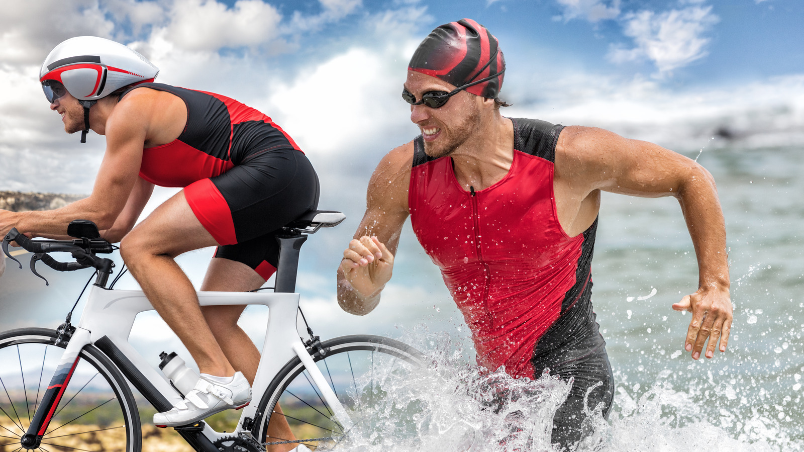 a man swimming and a man cycling